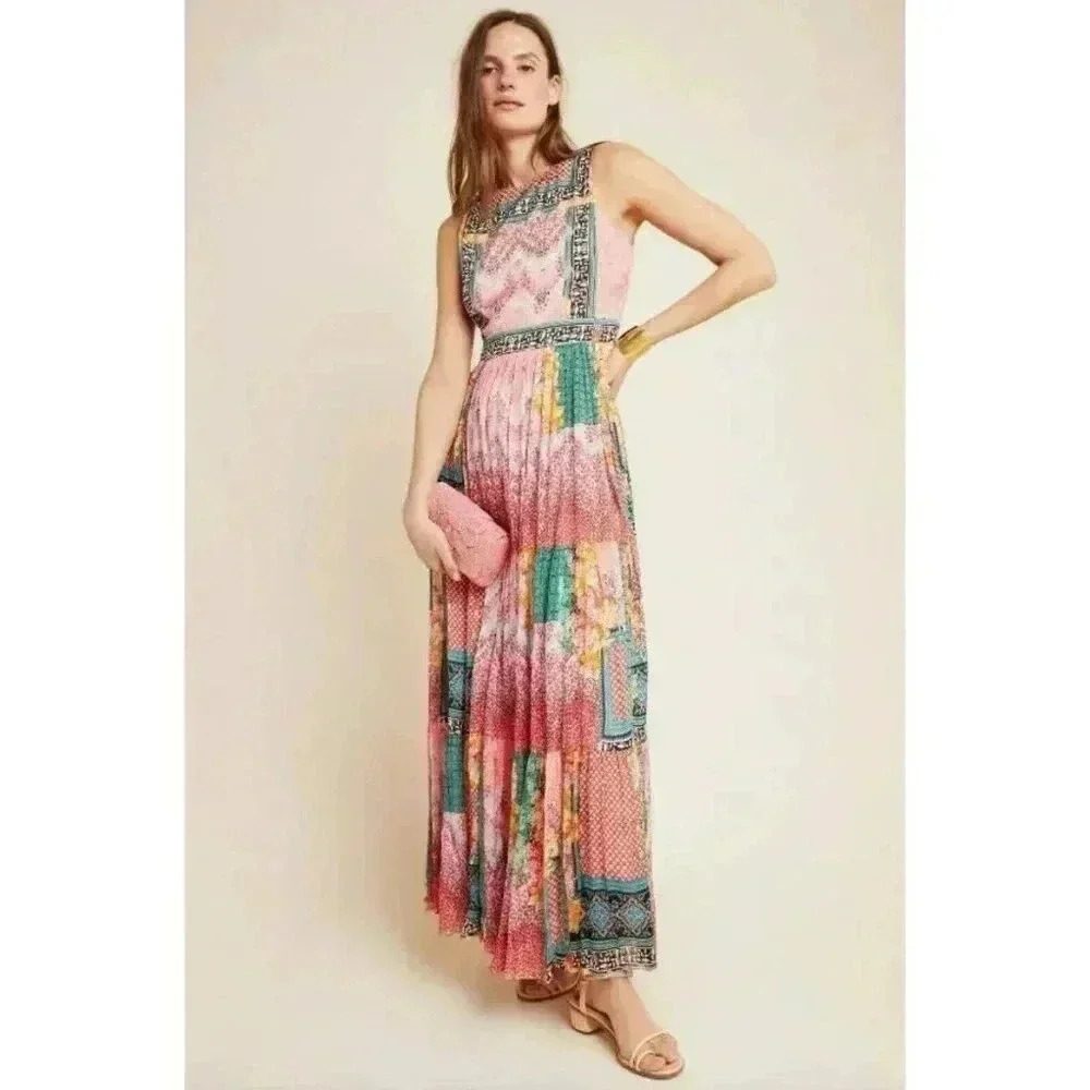 Anthropologie Pink Mixed-Print Maxi Dress with Teal Accents